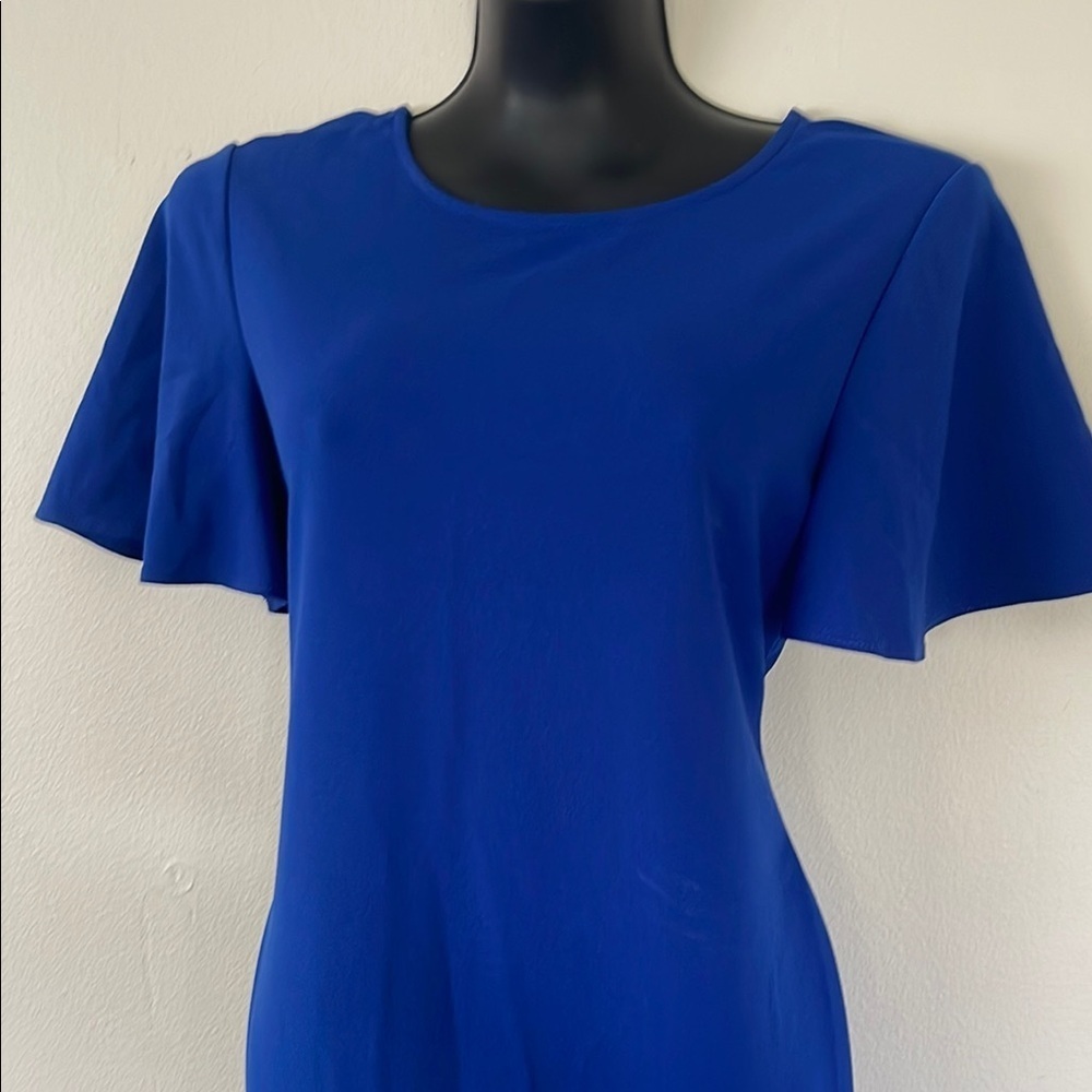 MARINA Blue Ruffled Sheath Midi Dress